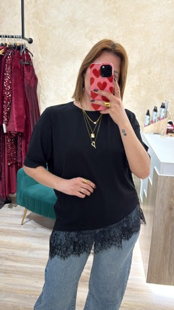T-shirt με δαντέλα - Μαύρο, ONE SIZE